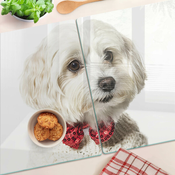 Tagliere in vetro temperato con stampa di cane che indossa un maglioncino e un fiocco