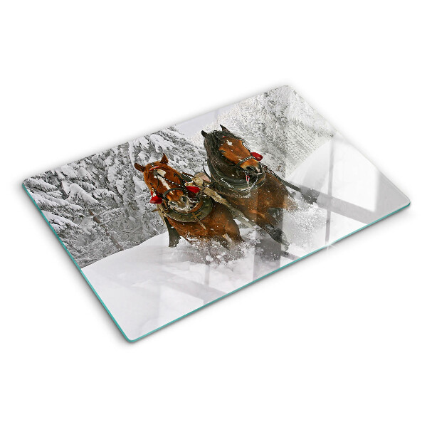 Tagliere in vetro temperato con decorazione raffigurante cavalli da tiro nella neve