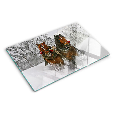 Tagliere in vetro temperato con decorazione raffigurante cavalli da tiro nella neve