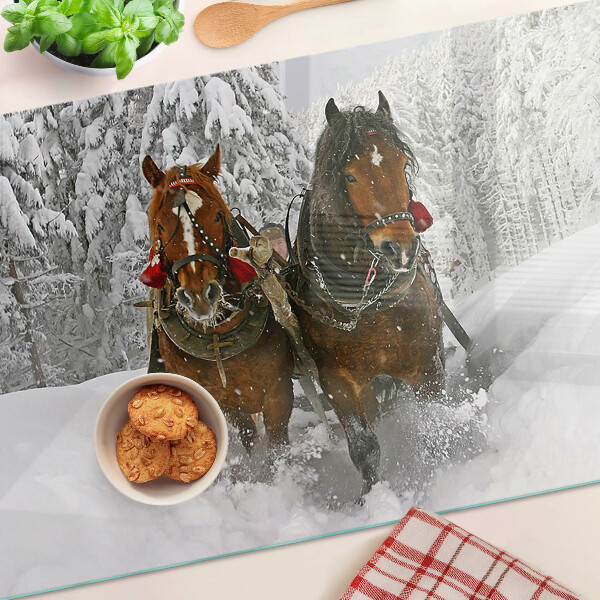 Tagliere in vetro temperato con decorazione raffigurante cavalli da tiro nella neve