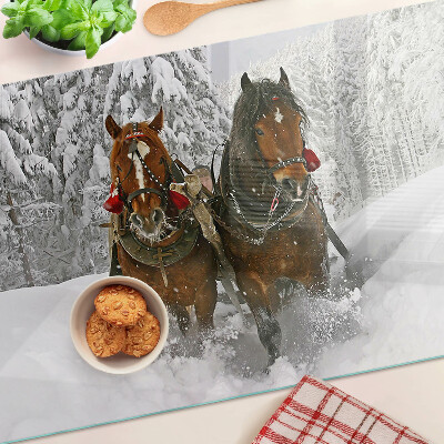 Tagliere in vetro temperato con decorazione raffigurante cavalli da tiro nella neve