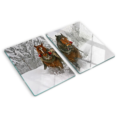 Tagliere in vetro temperato con decorazione raffigurante cavalli da tiro nella neve