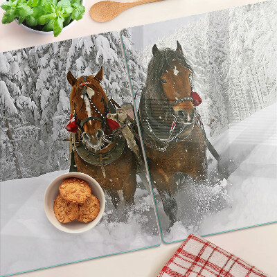 Tagliere in vetro temperato con decorazione raffigurante cavalli da tiro nella neve