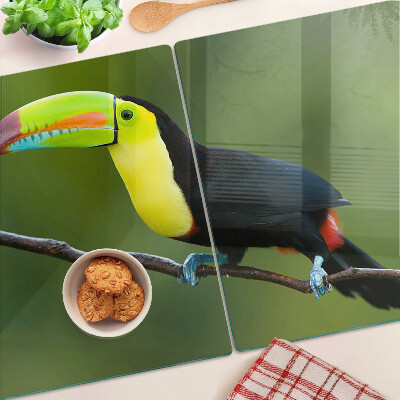 Tagliere in vetro con stampa di un tucano su un ramo