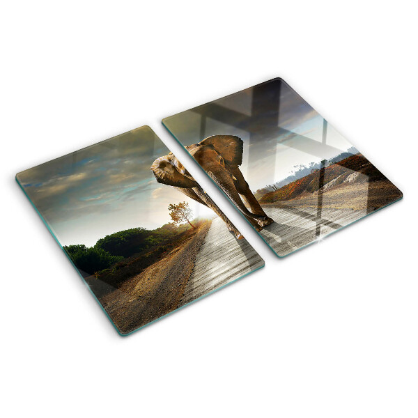 Tagliere in vetro temperato con stampa raffigurante un elefante sulla strada al tramonto