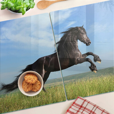 Tagliere in vetro con decorazione di un cavallo nero sul prato