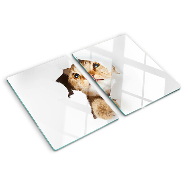 Tagliere in vetro temperato con stampa di un gatto che guarda attraverso un buco nel muro