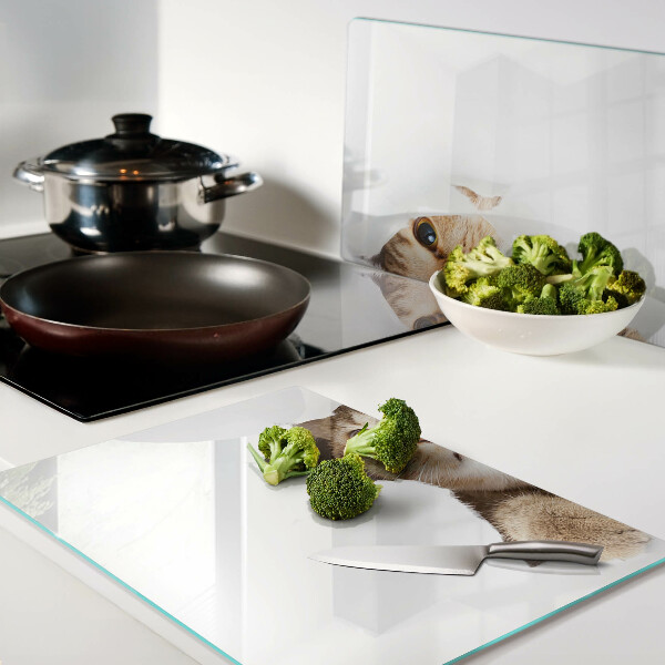 Tagliere in vetro temperato con stampa di un gatto che guarda attraverso un buco nel muro