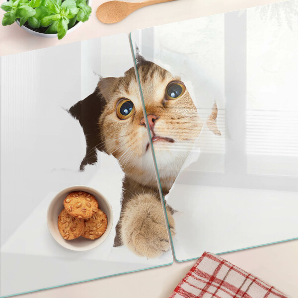 Tagliere in vetro temperato con stampa di un gatto che guarda attraverso un buco nel muro