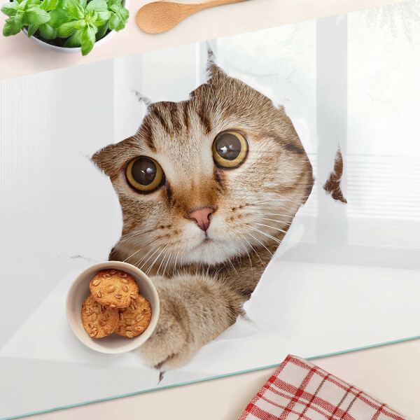 Tagliere in vetro temperato con stampa di un gatto che esce da un buco