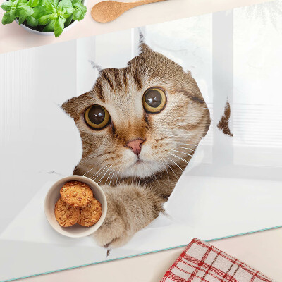 Tagliere in vetro temperato con stampa di un gatto che esce da un buco