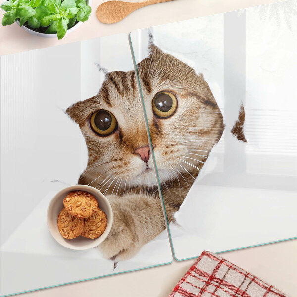 Tagliere in vetro temperato con stampa di un gatto che esce da un buco