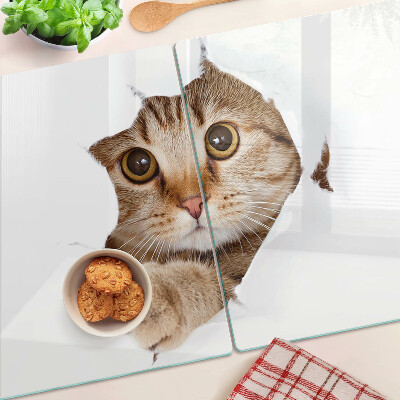 Tagliere in vetro temperato con stampa di un gatto che esce da un buco