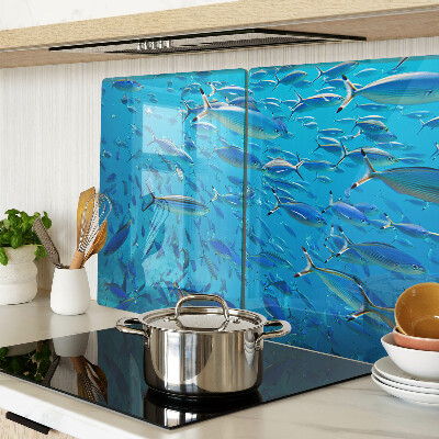 Tagliere in vetro temperato con decorazione raffigurante un banco di pesci sull'acqua