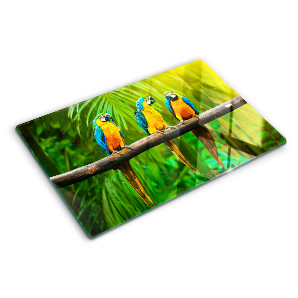 Tagliere in vetro temperato con stampa di pappagalli su un ramo in stile tropicale
