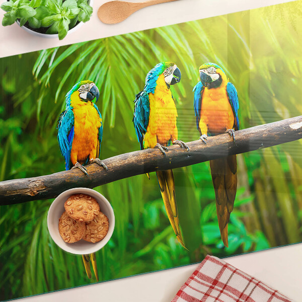 Tagliere in vetro temperato con stampa di pappagalli su un ramo in stile tropicale