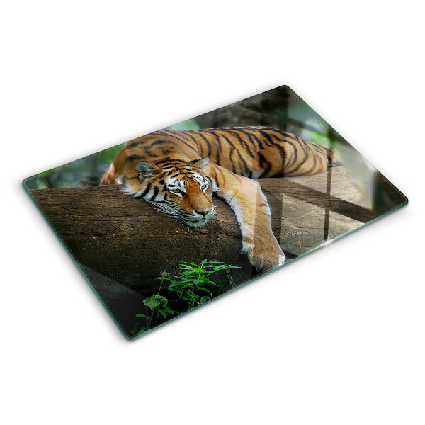 Tagliere in vetro temperato con stampa di una tigre su un tronco d'albero