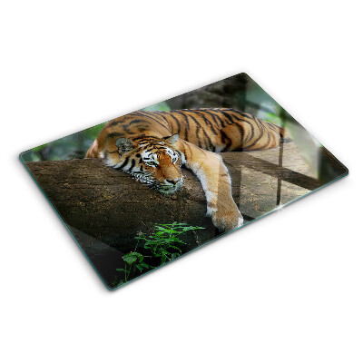 Tagliere in vetro temperato con stampa di una tigre su un tronco d'albero