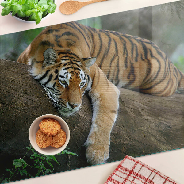 Tagliere in vetro temperato con stampa di una tigre su un tronco d'albero