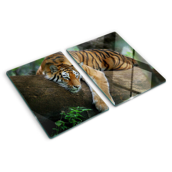 Tagliere in vetro temperato con stampa di una tigre su un tronco d'albero