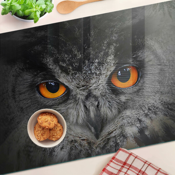 Tagliere in vetro temperato con stampa di un gufo dagli occhi arancioni