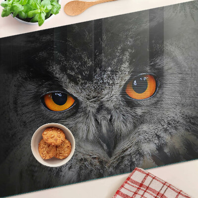 Tagliere in vetro temperato con stampa di un gufo dagli occhi arancioni