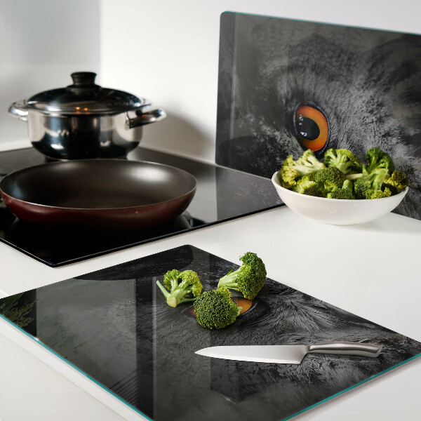 Tagliere in vetro temperato con stampa di un gufo dagli occhi arancioni