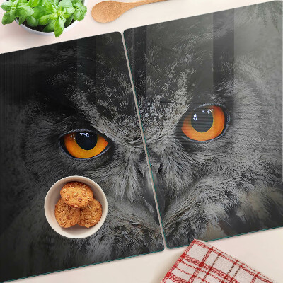 Tagliere in vetro temperato con stampa di un gufo dagli occhi arancioni