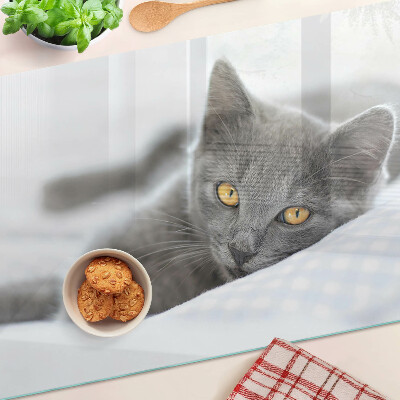 Tagliere in vetro con stampa di un gatto dagli occhi gialli