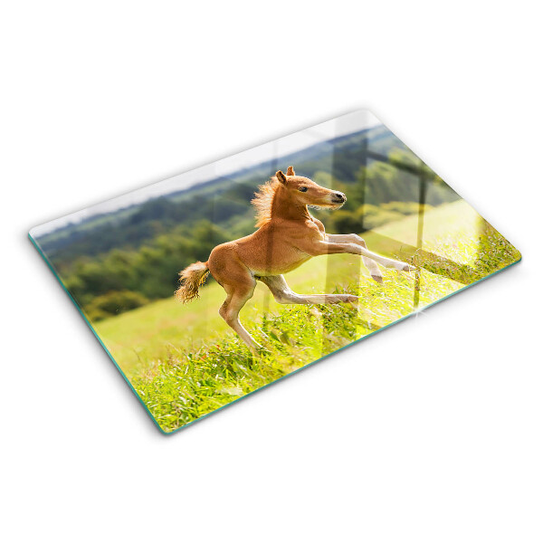 Tagliere in vetro con decorazione raffigurante un puledro sul prato