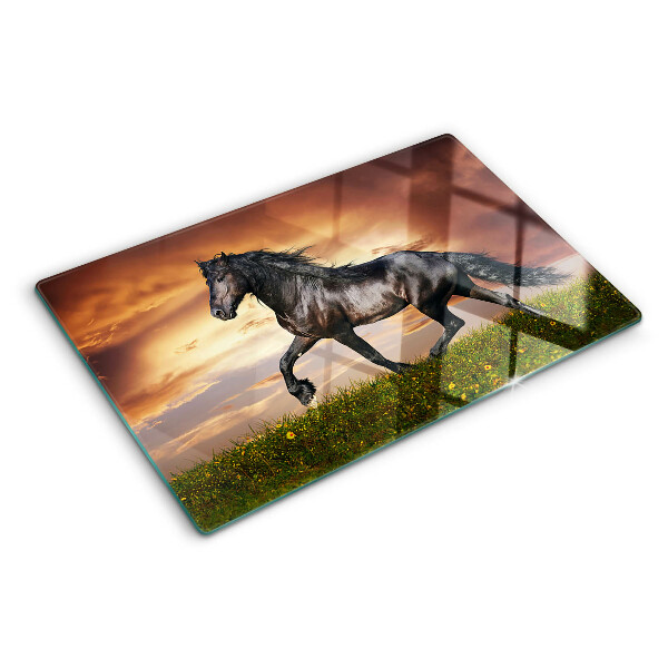 Tagliere in vetro temperato con stampa di un cavallo davanti al sole al tramonto