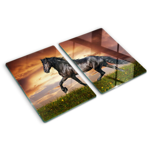 Tagliere in vetro temperato con stampa di un cavallo davanti al sole al tramonto