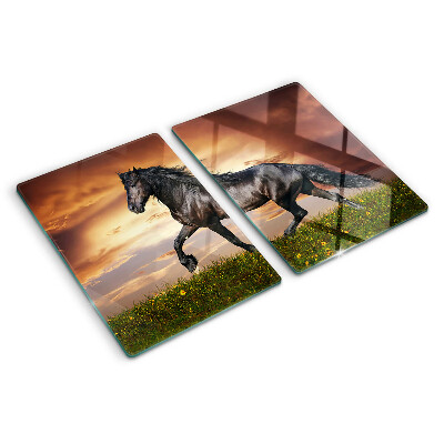 Tagliere in vetro temperato con stampa di un cavallo davanti al sole al tramonto