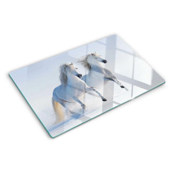 Tagliere in vetro temperato con stampa raffigurante due cavalli bianchi in pieno galoppo