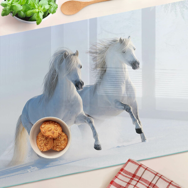 Tagliere in vetro temperato con stampa raffigurante due cavalli bianchi in pieno galoppo