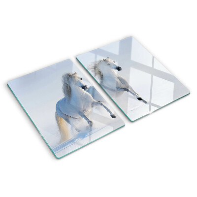 Tagliere in vetro temperato con stampa raffigurante due cavalli bianchi in pieno galoppo