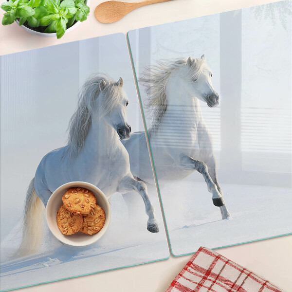 Tagliere in vetro temperato con stampa raffigurante due cavalli bianchi in pieno galoppo