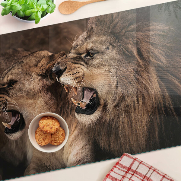 Tagliere in vetro con decorazione raffigurante leoni ruggenti