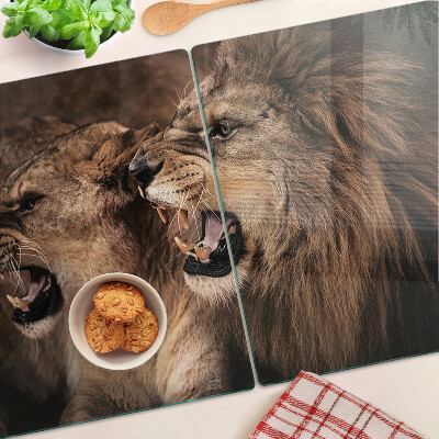 Tagliere in vetro con decorazione raffigurante leoni ruggenti