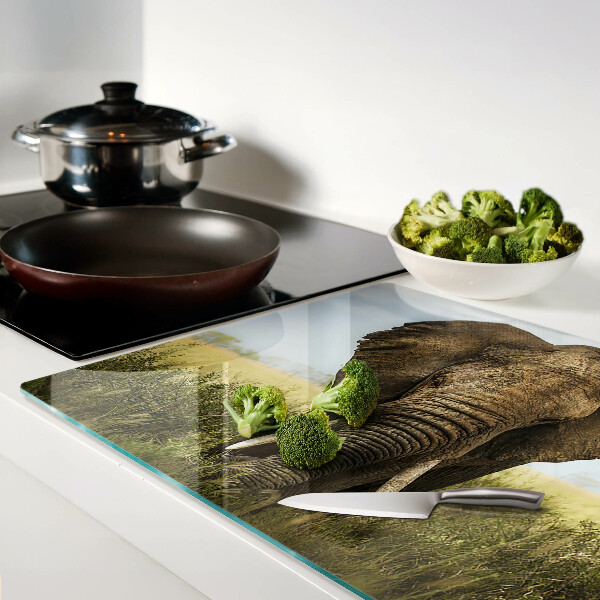 Tagliere in vetro temperato con decorazione di un elefante sullo sfondo della savana africana