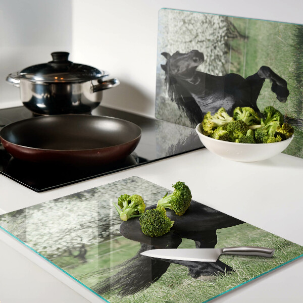Tagliere in vetro temperato con stampa di un cavallo nero sul prato