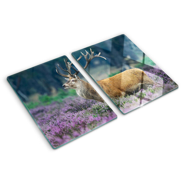 Tagliere in vetro temperato con stampa di un cervo in un paesaggio con lavanda