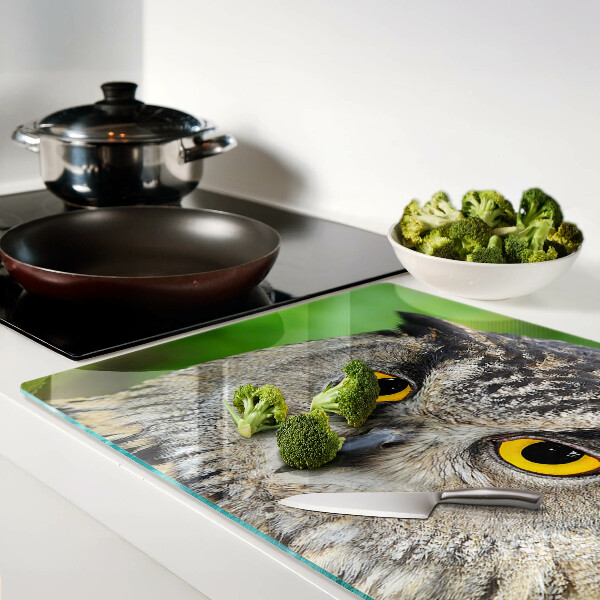 Tagliere in vetro temperato con motivo a gufo dagli occhi espressivi