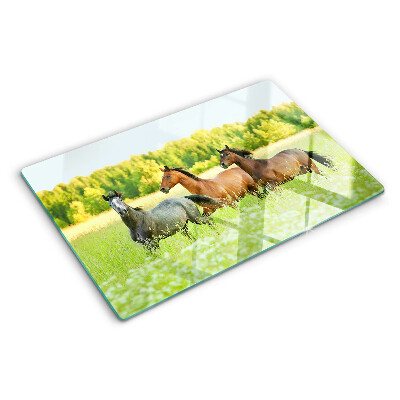 Tagliere in vetro temperato con stampa raffigurante l'incontro di cavalli nel campo