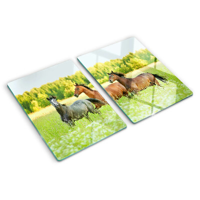 Tagliere in vetro temperato con stampa raffigurante l'incontro di cavalli nel campo