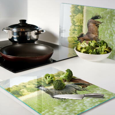 Tagliere in vetro temperato con stampa raffigurante l'incontro di cavalli nel campo