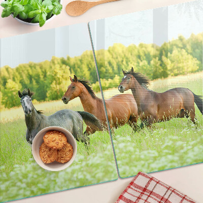 Tagliere in vetro temperato con stampa raffigurante l'incontro di cavalli nel campo