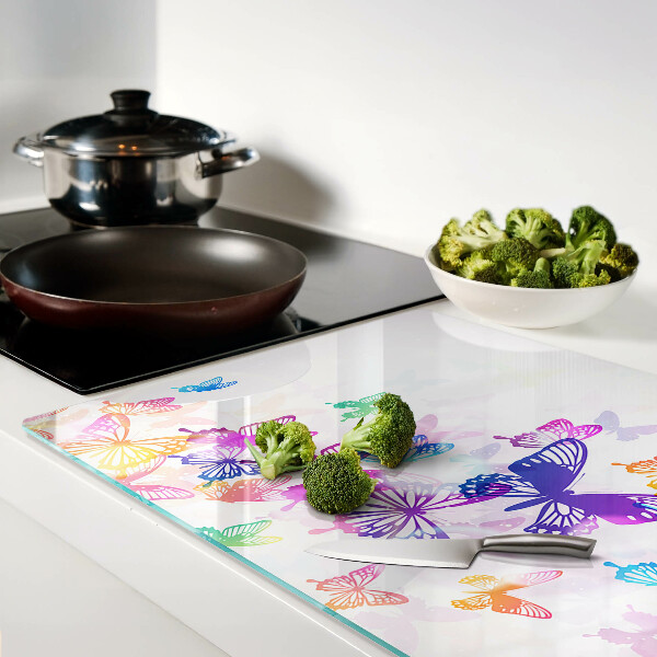 Tagliere in vetro temperato con motivo di farfalle colorate in volo