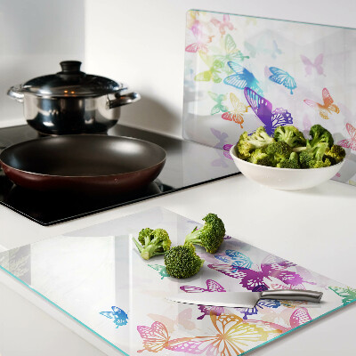 Tagliere in vetro temperato con motivo di farfalle colorate in volo