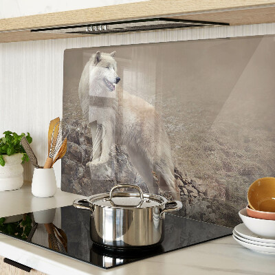 Tagliere in vetro temperato con decorazione raffigurante un lupo su una montagna rocciosa